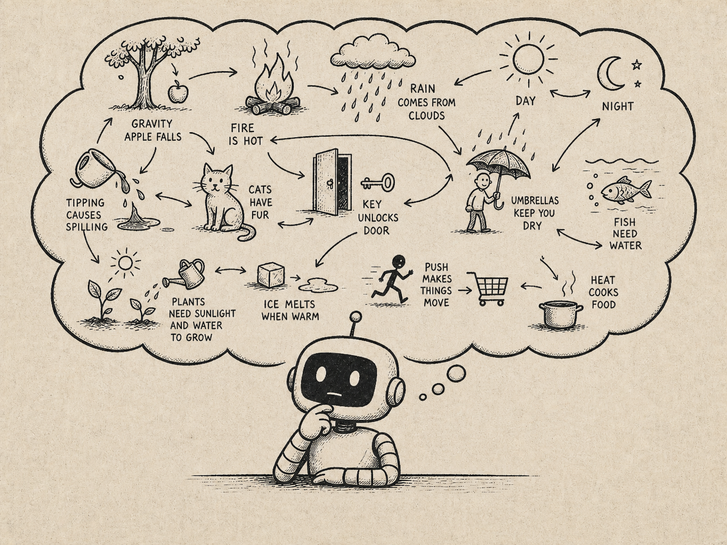 A small robot pondering a thought-cloud full of everyday cause-and-effect relations: gravity, fire, rain, day and night, ice melting, plants needing water.