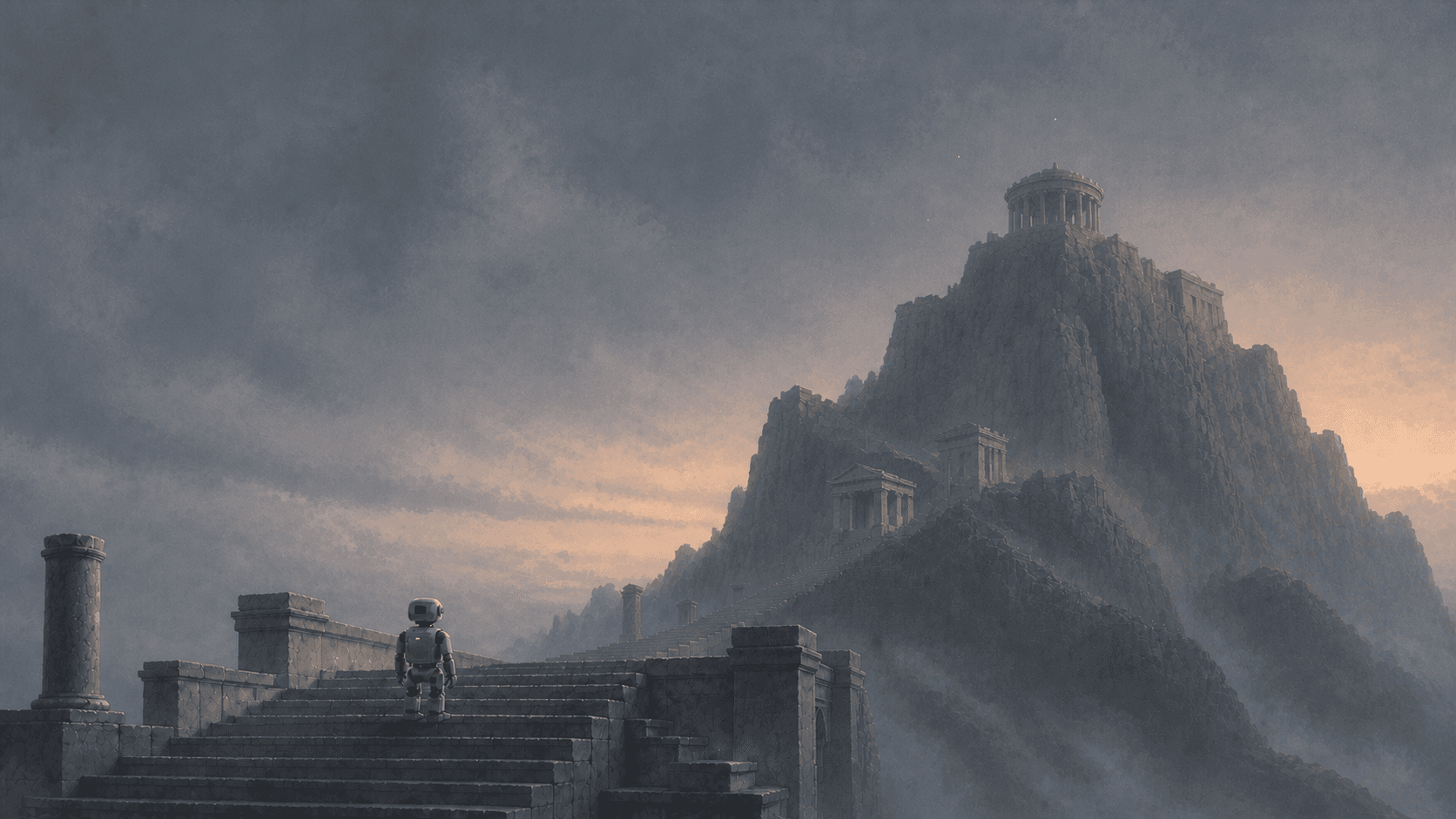 A small robot looking toward a path up Mount Olympus